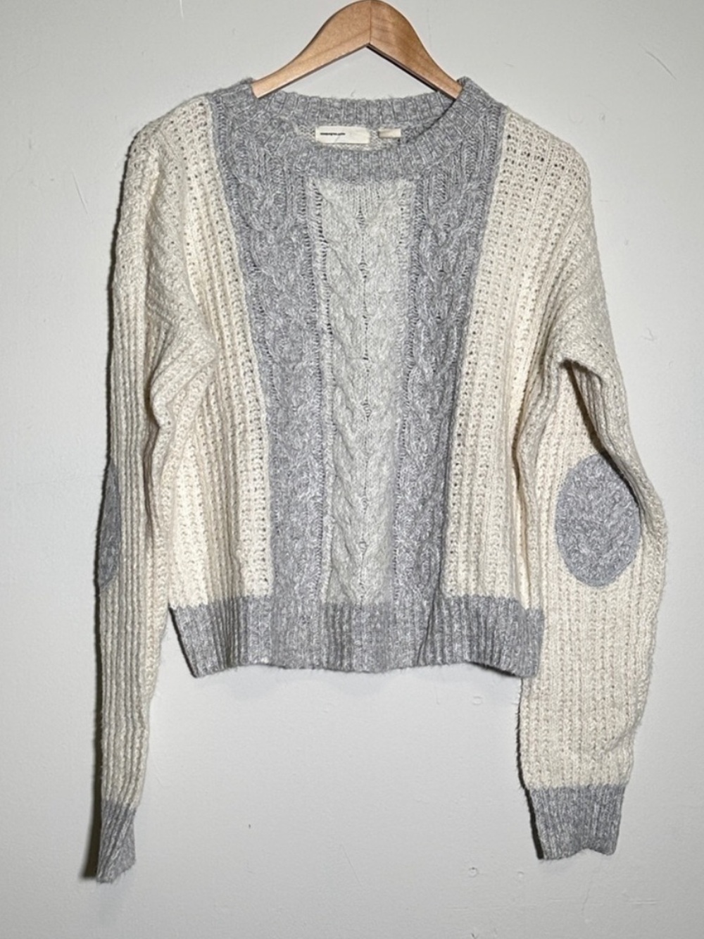 Anthropologie Two-Tone Cable Crewneck Sweater - Cream & Light Gray